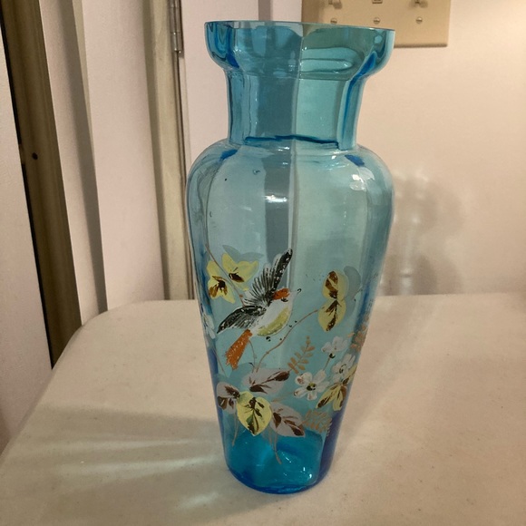 Hand blown vintage turquoise blue 10.5” vase with Hand-painted bird and flowers